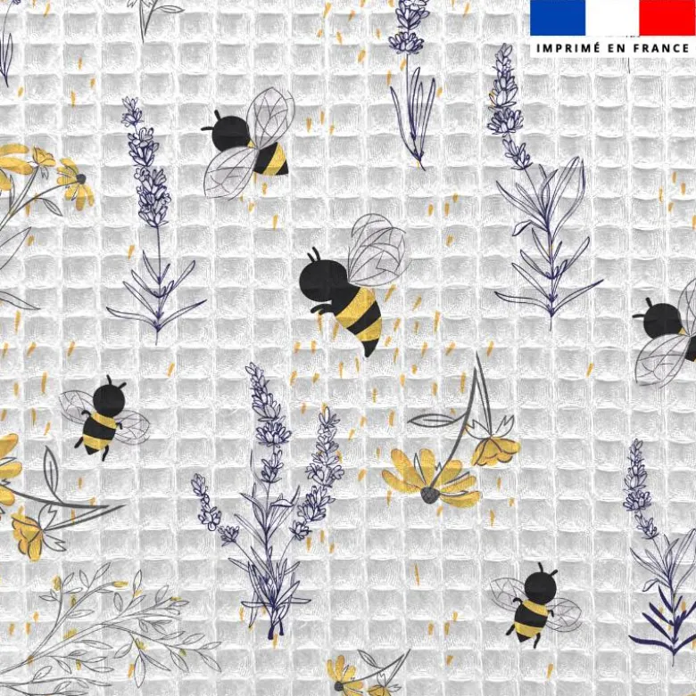 Tissu nid d'abeille motif bouton d'or lavande et abeille