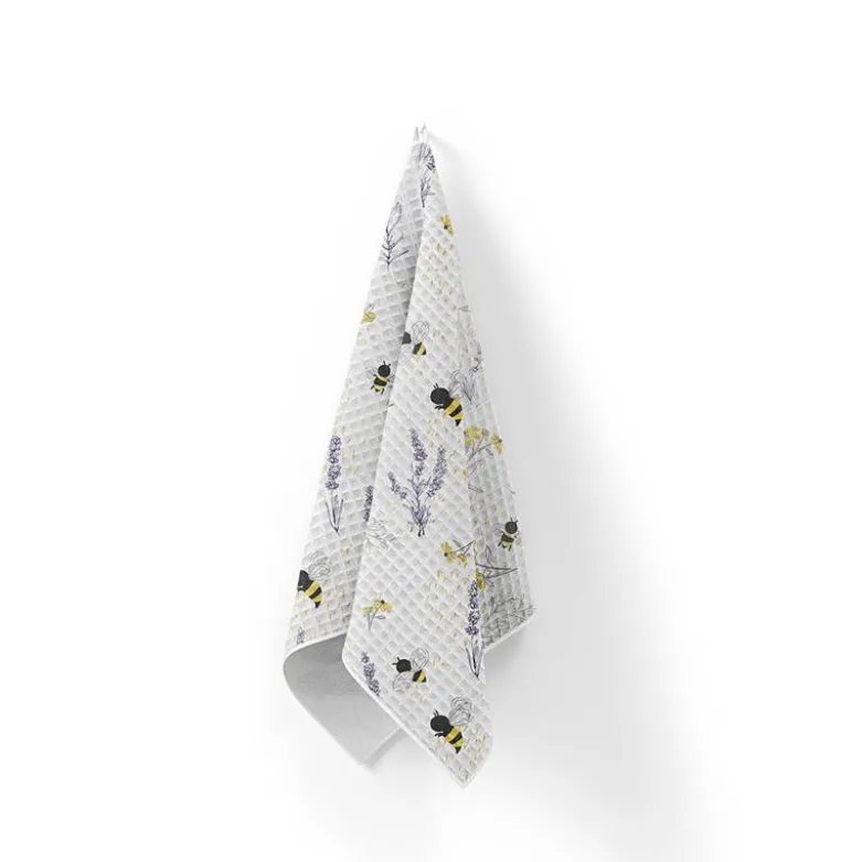 Tissu nid d'abeille motif bouton d'or lavande et abeille