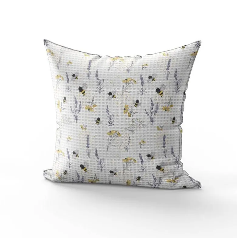 Tissu nid d'abeille motif bouton d'or lavande et abeille