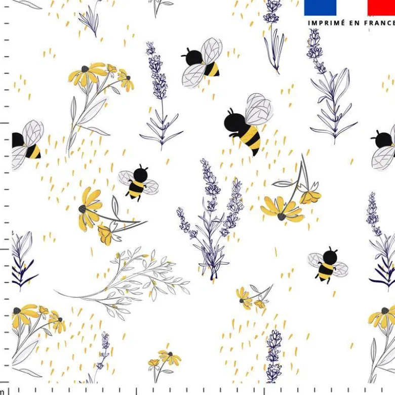 Tissu nid d'abeille motif bouton d'or lavande et abeille