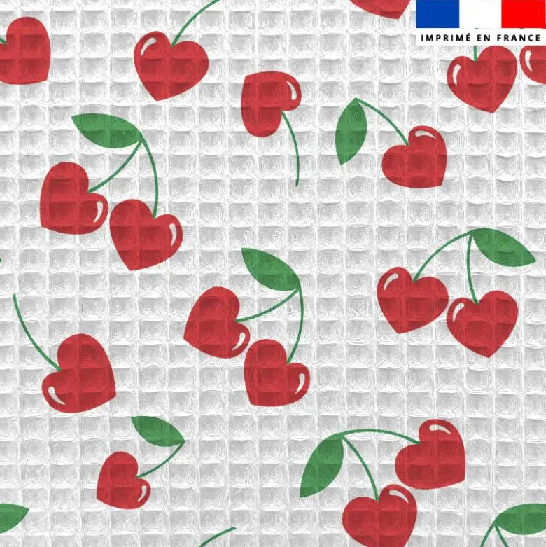 Tissu nid d'abeille motif cerise coeur rouge