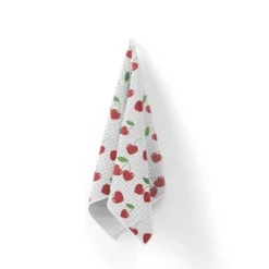 Tissu nid d'abeille motif cerise coeur rouge