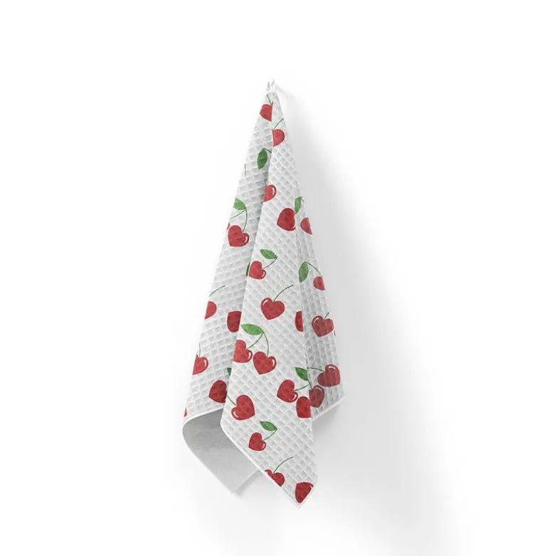 Tissu nid d'abeille motif cerise coeur rouge