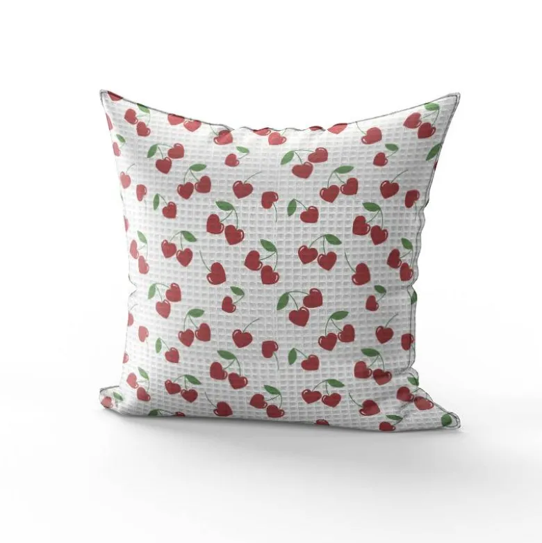 Tissu nid d'abeille motif cerise coeur rouge
