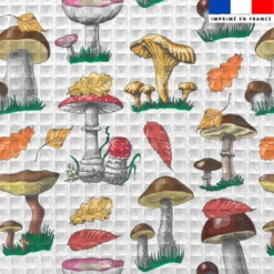 Tissu nid d'abeille motif champignons et feuilles d'automne