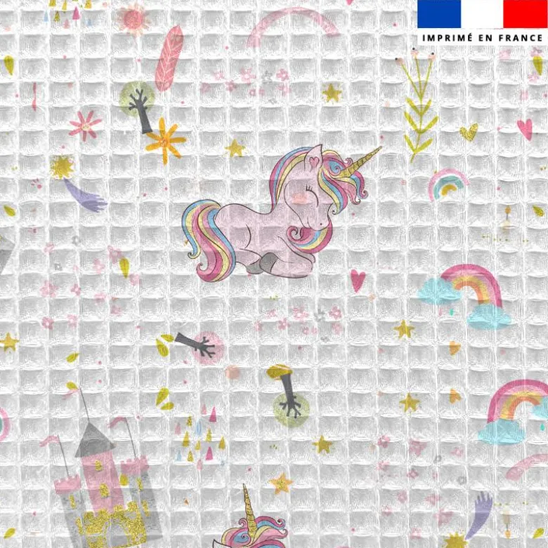 Tissu nid d'abeille motif château gold et licorne rose