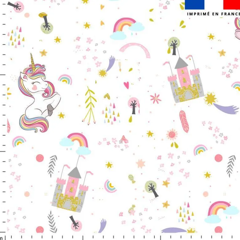 Tissu nid d'abeille motif château gold et licorne rose