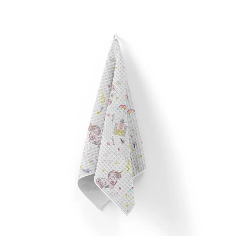 Tissu nid d'abeille motif château gold et licorne rose