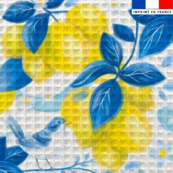 Tissu nid d'abeille motif citron jaune et oiseau bleu - Création Pilar Berio