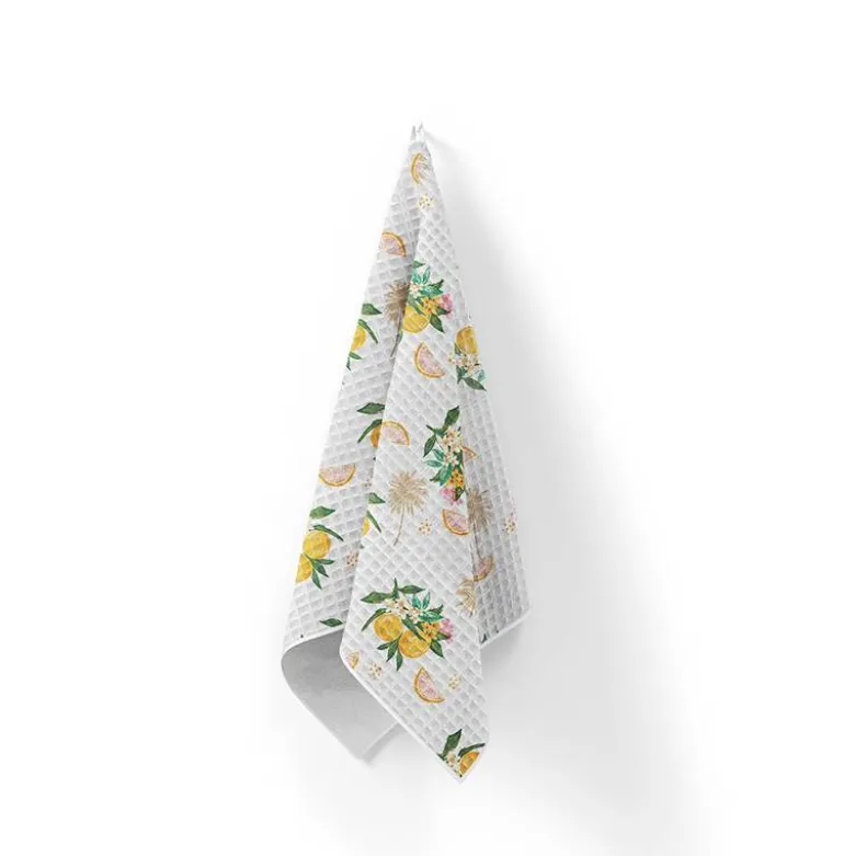 Tissu nid d'abeille motif citron fleuri et palmier