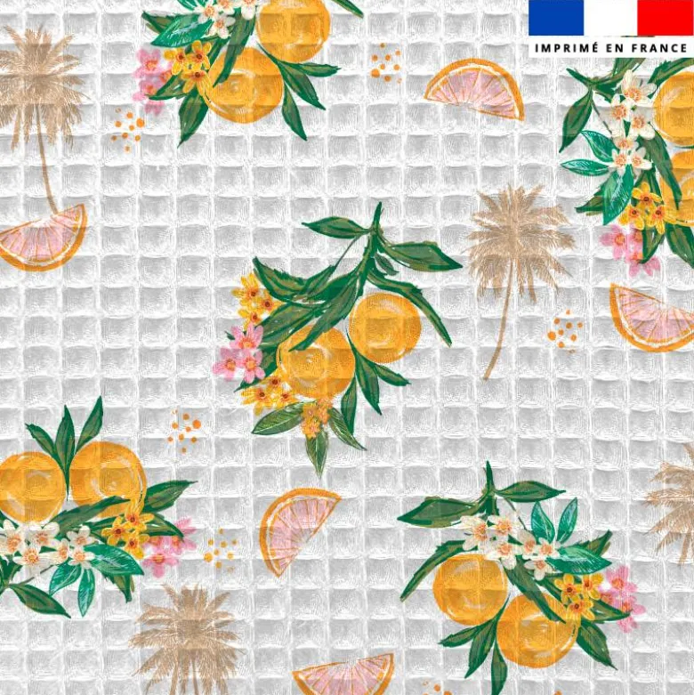 Tissu nid d'abeille motif citron fleuri et palmier