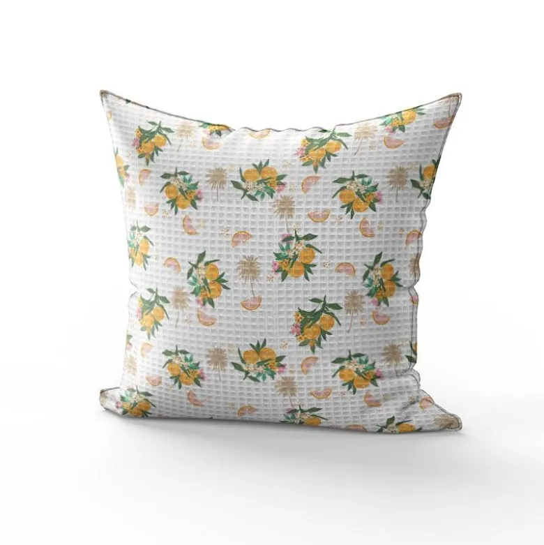 Tissu nid d'abeille motif citron fleuri et palmier