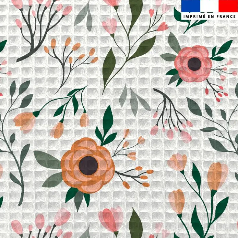 Tissu nid d'abeille motif fleur corail et rose