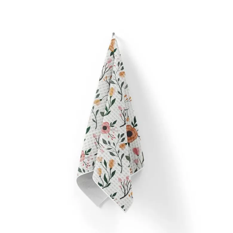 Tissu nid d'abeille motif fleur corail et rose
