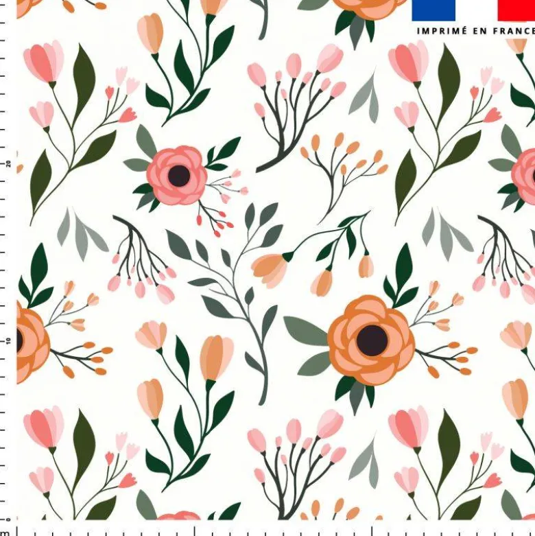 Tissu nid d'abeille motif fleur corail et rose