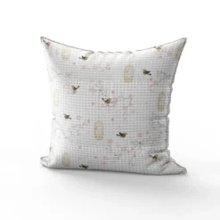Tissu nid d'abeille motif fleur de cerisier rose et cage à oiseaux