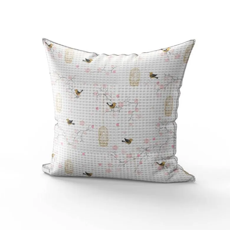 Tissu nid d'abeille motif fleur de cerisier rose et cage à oiseaux