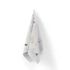 Tissu nid d'abeille motif fleur de cerisier rose et cage à oiseaux
