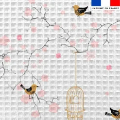 Tissu nid d'abeille motif fleur de cerisier rose et cage à oiseaux
