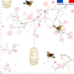Tissu nid d'abeille motif fleur de cerisier rose et cage à oiseaux