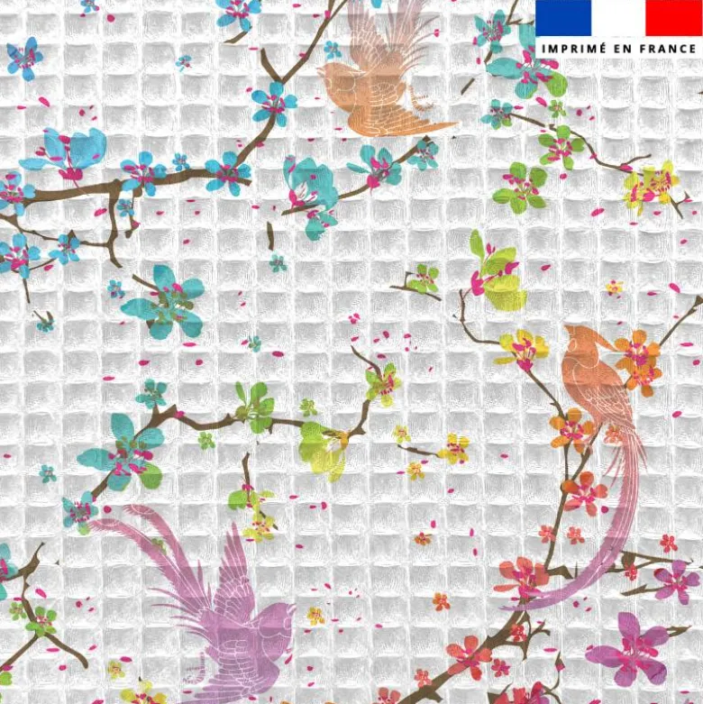 Tissu nid d'abeille motif fleur de cerisier et oiseau multicolore