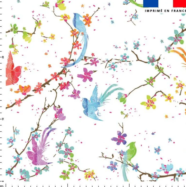 Tissu nid d'abeille motif fleur de cerisier et oiseau multicolore