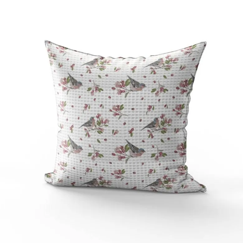 Tissu nid d'abeille motif fleur de grenade et pinson