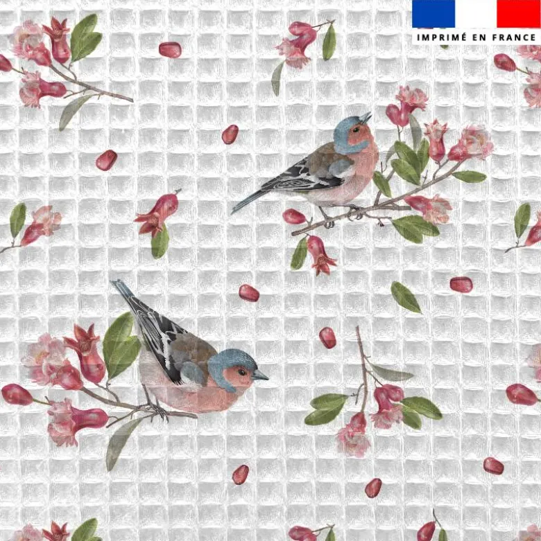Tissu nid d'abeille motif fleur de grenade et pinson