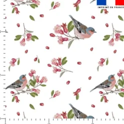 Tissu nid d'abeille motif fleur de grenade et pinson