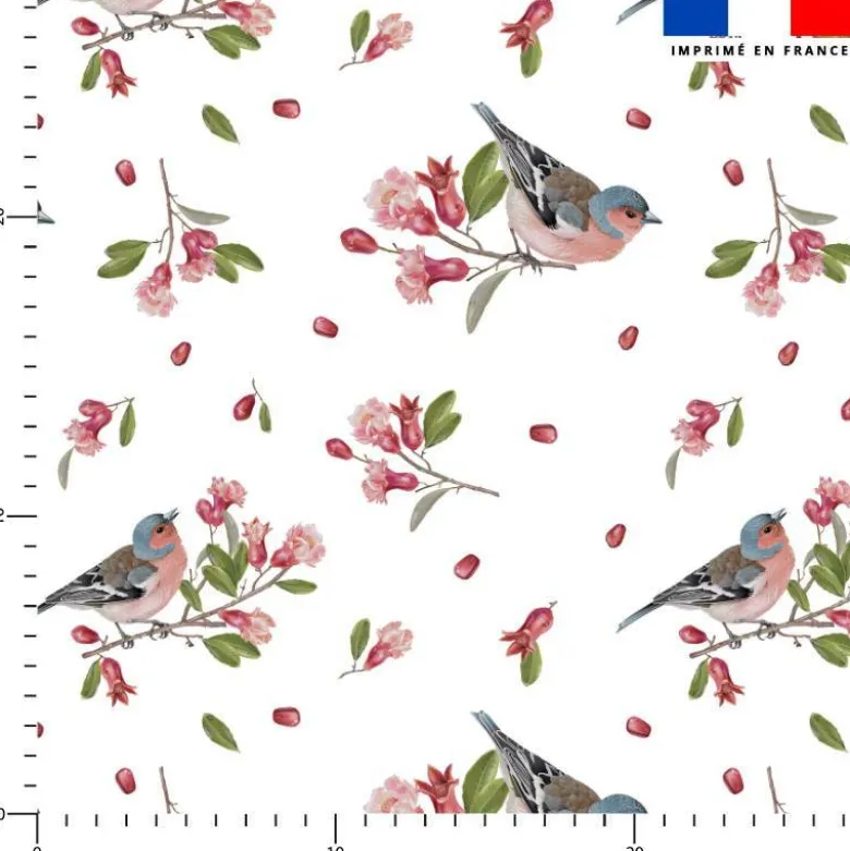 Tissu nid d'abeille motif fleur de grenade et pinson