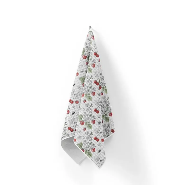 Tissu nid d'abeille motif fraise et cerise