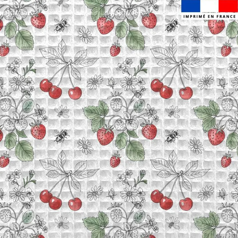 Tissu nid d'abeille motif fraise et cerise