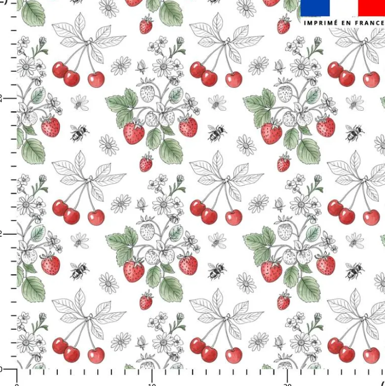 Tissu nid d'abeille motif fraise et cerise