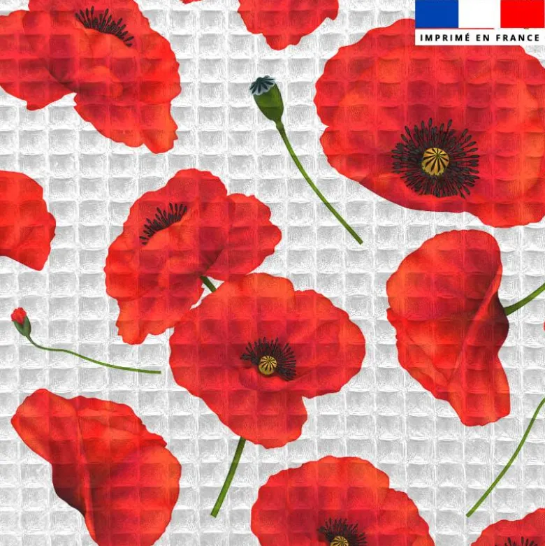 Tissu nid d'abeille motif grand coquelicot