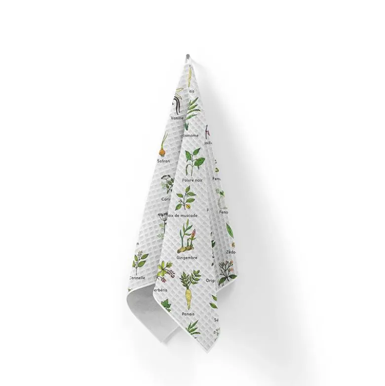 Tissu nid d'abeille motif herbes aromatiques et épices