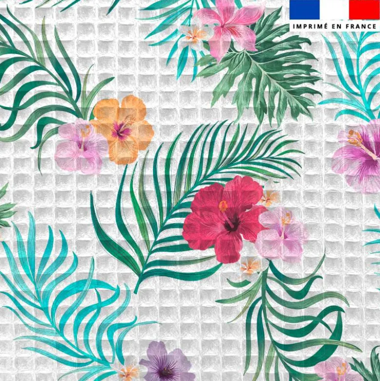 Tissu nid d'abeille motif hibiscus exotique