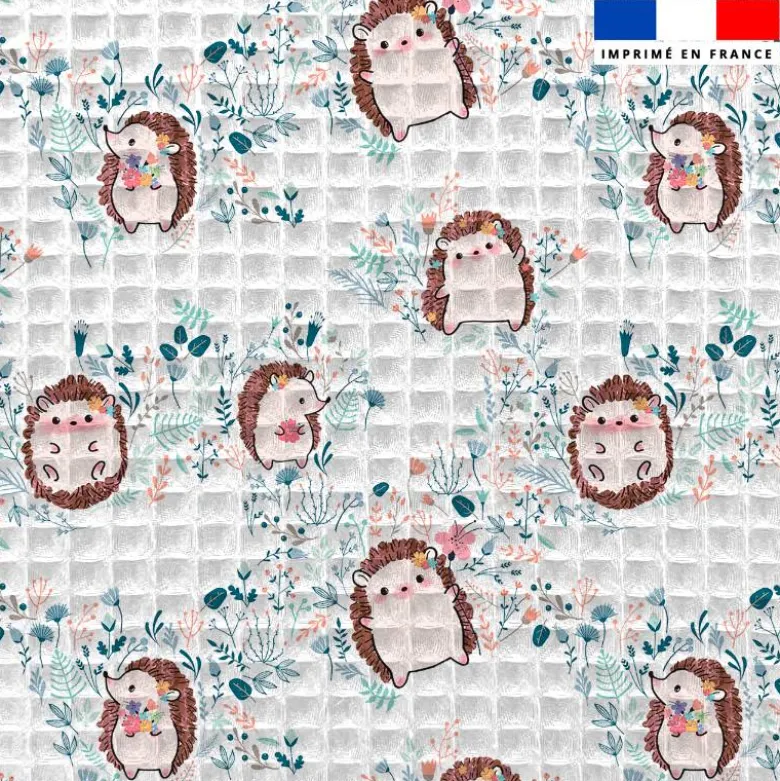 Tissu nid d'abeille motif hérisson et feuilles de printemps