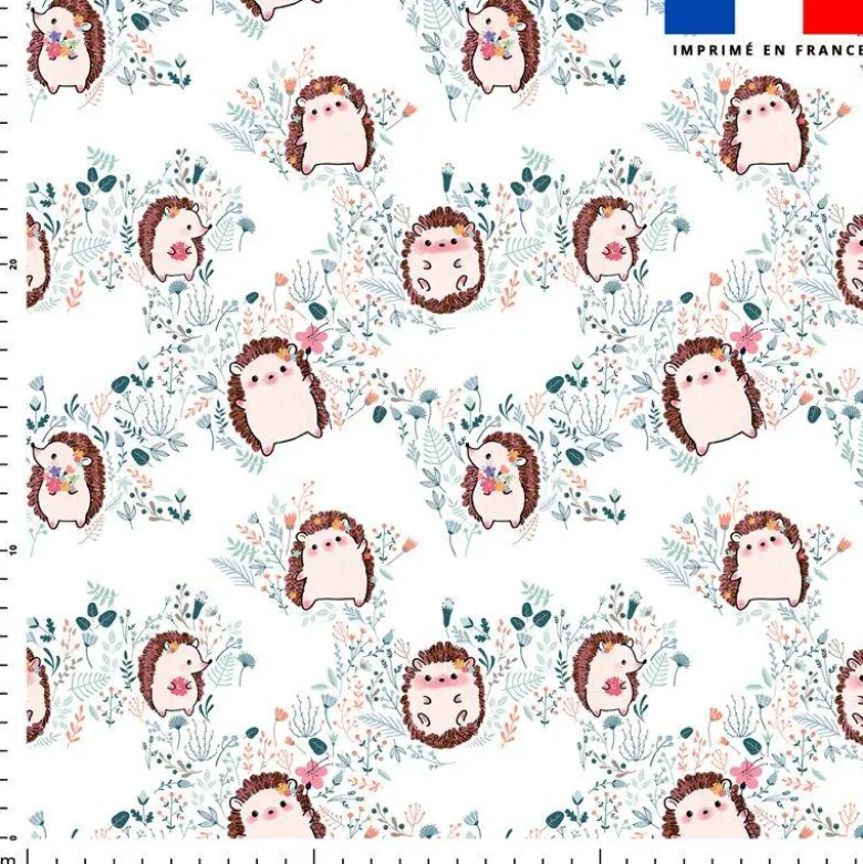 Tissu nid d'abeille motif hérisson et feuilles de printemps