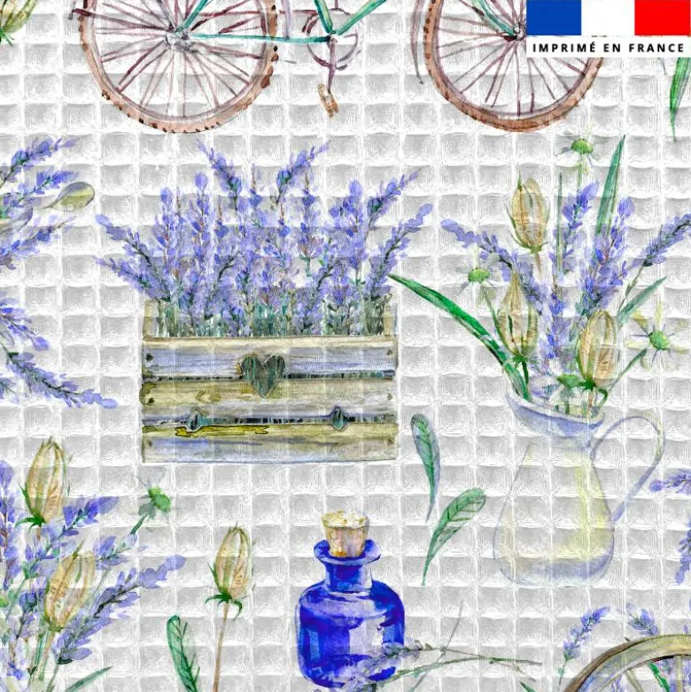 Tissu nid d'abeille motif lavande et vélo