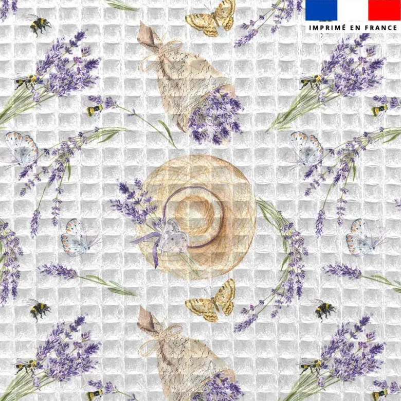 Tissu nid d'abeille motif lavande et chapeau de paille