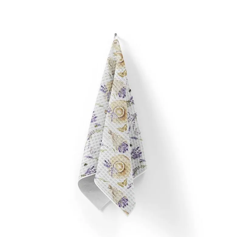 Tissu nid d'abeille motif lavande et chapeau de paille