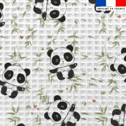 Tissu nid d'abeille motif panda et bambou vert