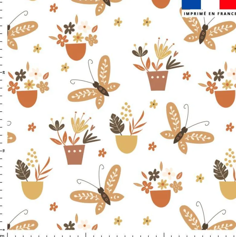 Tissu nid d'abeille motif papillon et botanique