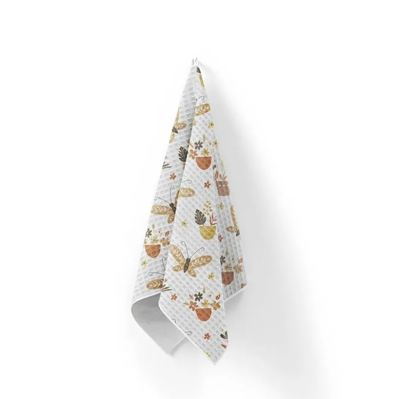Tissu nid d'abeille motif papillon et botanique