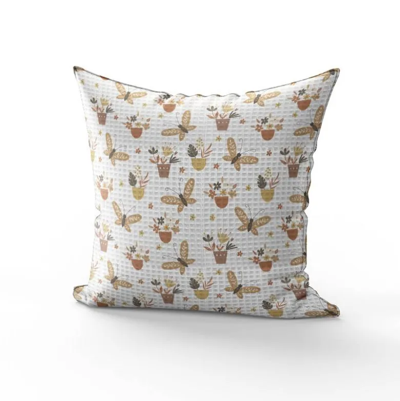 Tissu nid d'abeille motif papillon et botanique