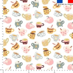 Tissu nid d'abeille motif tasses douceurs d'automne pastel