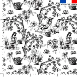Tissu nid d'abeille motif toile de jouy paysannes noires