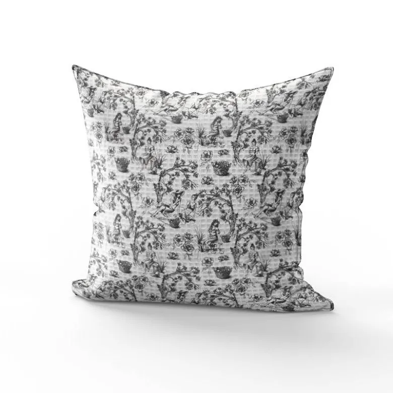 Tissu nid d'abeille motif toile de jouy paysannes noires