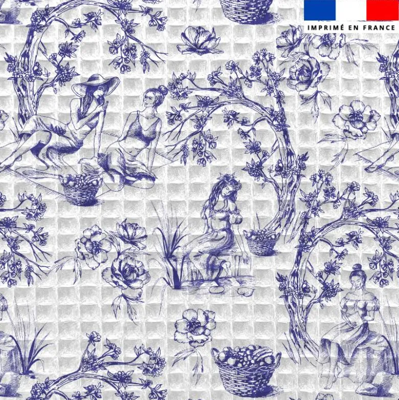 Tissu nid d'abeille motif toile de jouy paysannes bleues