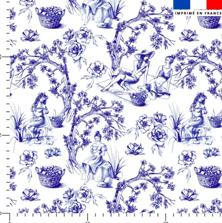 Tissu nid d'abeille motif toile de jouy paysannes bleues